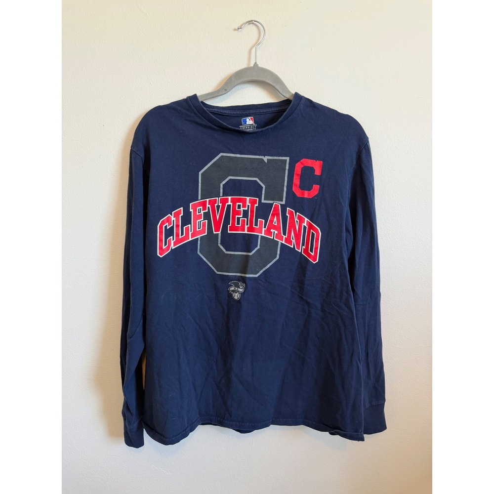 MLB Cleveland Indians Long Sleeve Shirt Navy Blue Chief Wahoo Graphic Tee Large